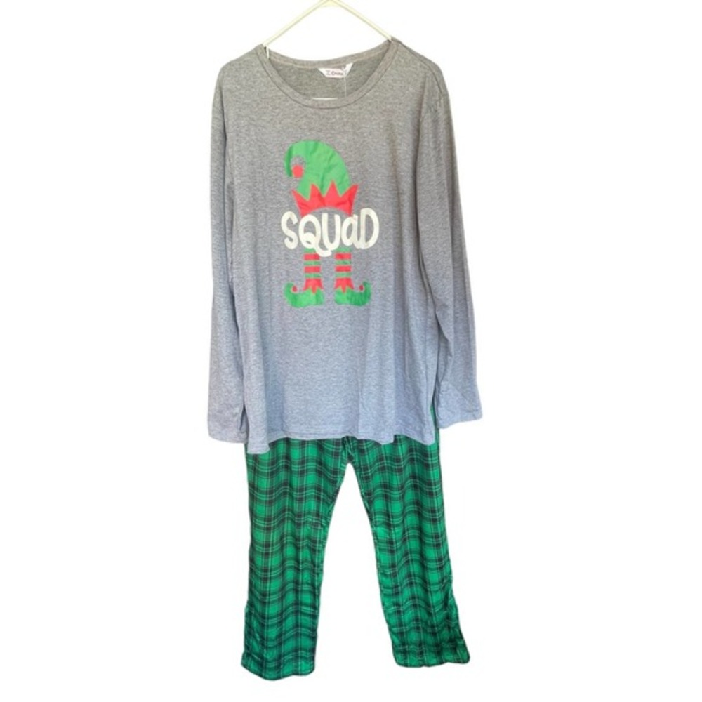 Pat Pat Christmas‎ Pajama Set Mens Extra Large XL Gray Green Plaid Elf Squad NEW